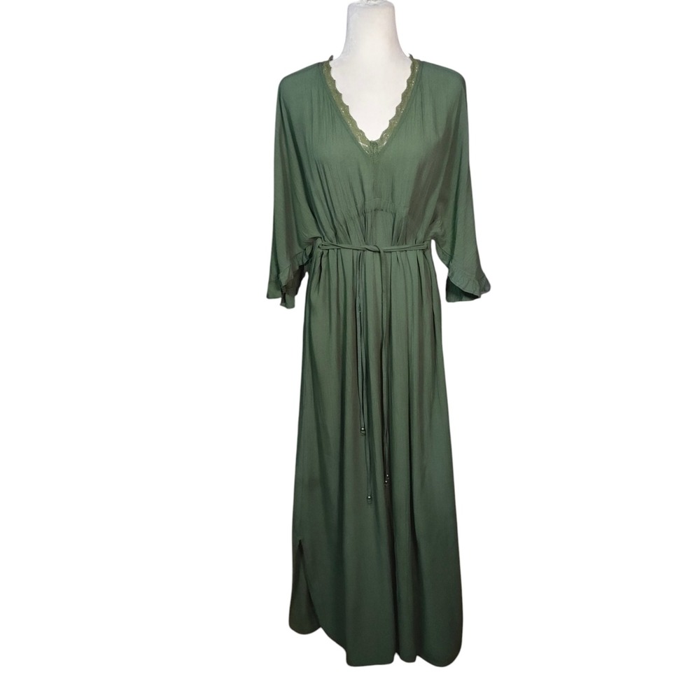 Angie Olive Green Maxi Dress Lace Trim Boho Goblincore Witchy Earthy Forest - S